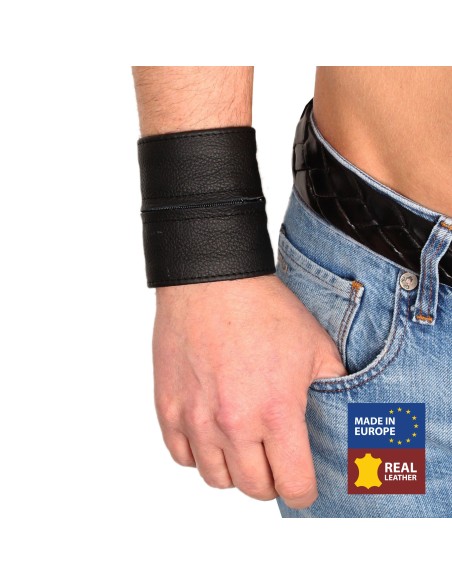 Poignet bracelet de force en cuir - Noir/Noir- avec zip