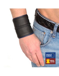 Poignet bracelet de force en cuir - Noir/Bleu avec zip