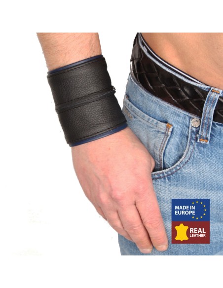 Poignet bracelet de force en cuir - Noir/Bleu avec zip Poignet bracelet de force en cuir - Noir/Bleu avec zip
