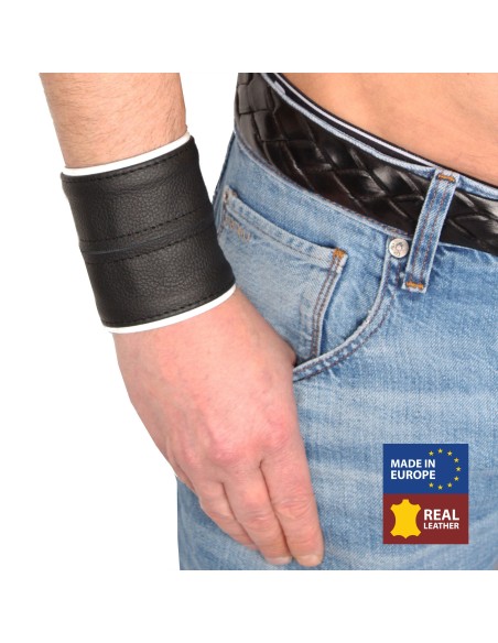 Poignet bracelet de force en cuir - Noir/Blanc avec zip