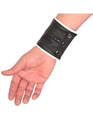 Poignet bracelet de force en cuir - Noir/Blanc avec zip