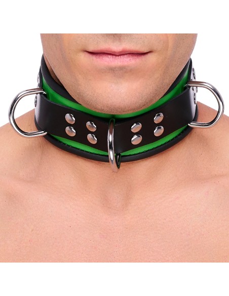 Collier en cuir 3 Anneaux D Vert-Noir