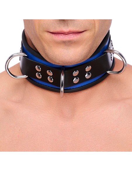 Collier en cuir - 3 anneaux D - Bleu/Noir