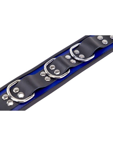 Collier en cuir - 3 anneaux D - Bleu/Noir