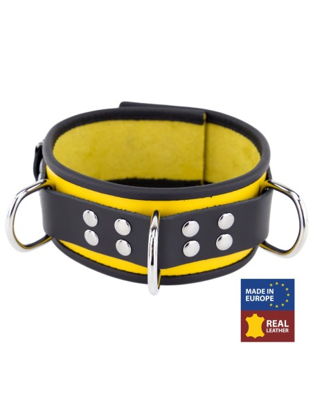 Collier en cuir 3 Anneaux D Jaune-Noir