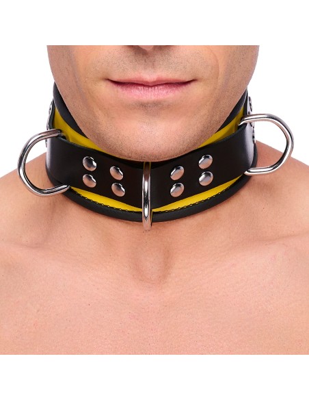 Collier en cuir 3 Anneaux D Jaune-Noir