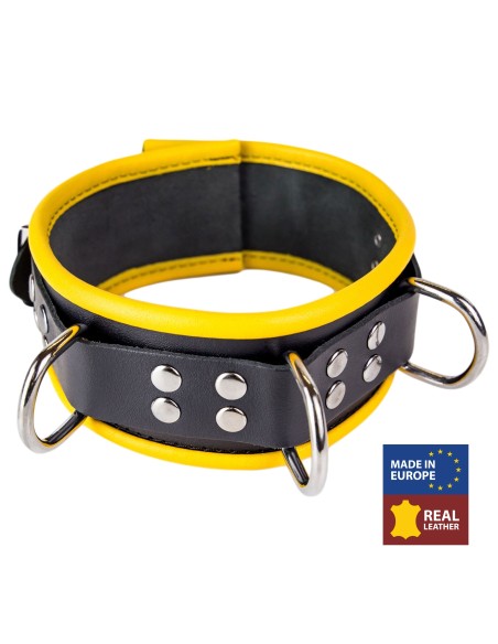 Collier en cuir - 3 anneaux D - Noir/ Jaune Collier en cuir - 3 anneaux D - Noir/ Jaune