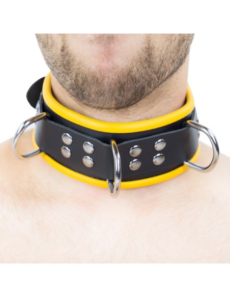 Collier en cuir - 3 anneaux D - Noir/ Jaune Collier en cuir - 3 anneaux D - Noir/ Jaune