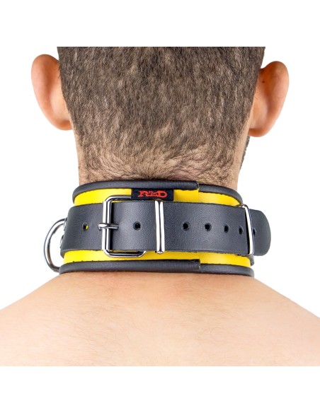 Collier en cuir - 3 anneaux D - Noir/ Jaune Collier en cuir - 3 anneaux D - Noir/ Jaune