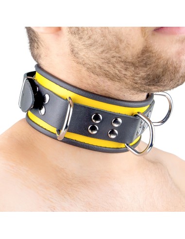 Collier en cuir - 3 anneaux D - Noir/ Jaune