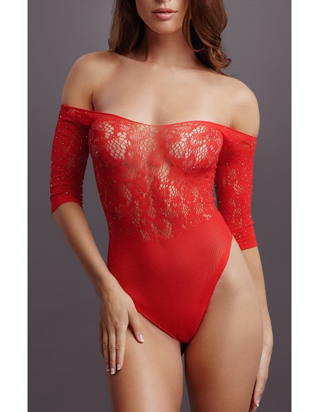 Body ouvert Rhinestone - Rouge