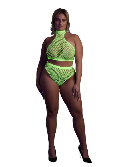 Ensemble Bustier et Culotte Filet Vert Fluo