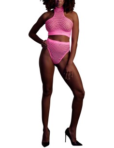Ensemble Bustier et Culotte Filet Rose Fluo