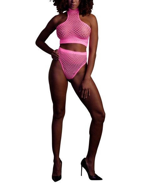 Ensemble Bustier et Culotte Filet Rose Fluo
