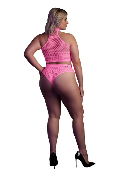 Ensemble Bustier et Culotte Filet Rose Fluo