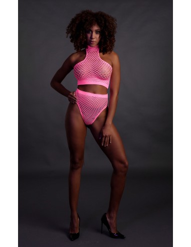 Ensemble Bustier et Culotte Filet Rose Fluo