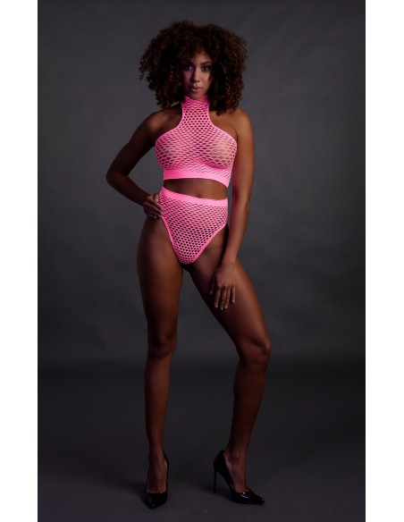 Ensemble Bustier et Culotte Filet Rose Fluo