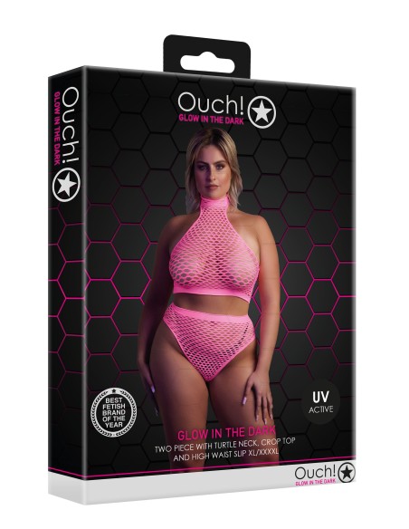 Ensemble Bustier et Culotte Filet Rose Fluo