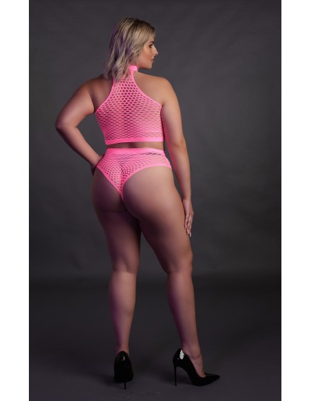 Ensemble Bustier et Culotte Filet Rose Fluo