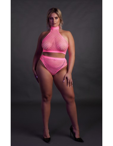 Ensemble Bustier et Culotte Filet Rose Fluo