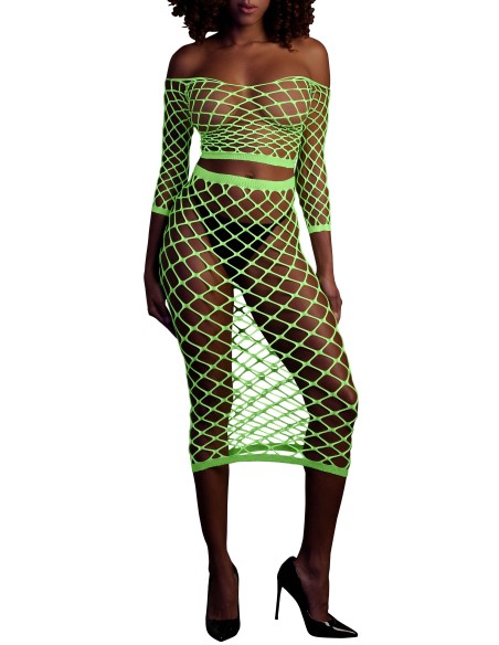 Bustier et Robe Filet Épaules dénudées Vert Fluo