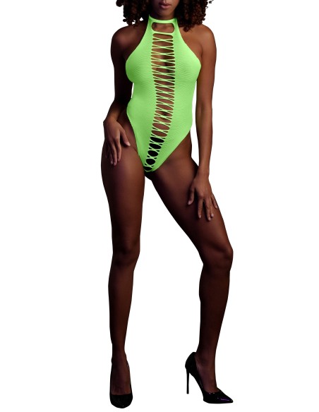 Body échancré ouvert à l'entrejambe avec dos nu Vert Fluo