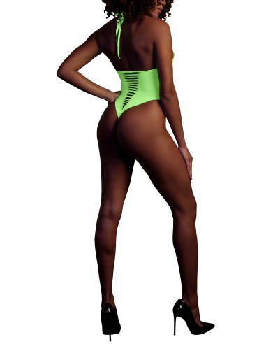 Body échancré ouvert à l'entrejambe avec dos nu Vert Fluo