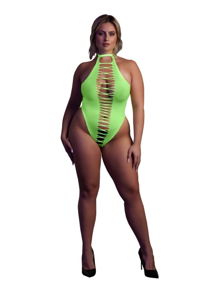 Body échancré ouvert à l'entrejambe avec dos nu Vert Fluo