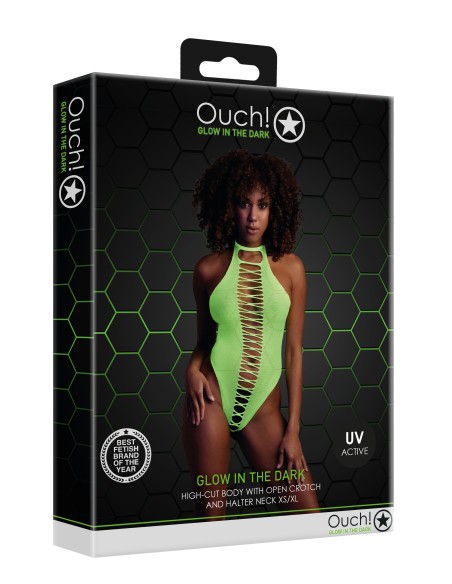 Body échancré ouvert à l'entrejambe avec dos nu Vert Fluo