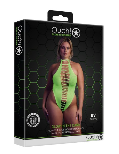 Body échancré ouvert à l'entrejambe avec dos nu Vert Fluo