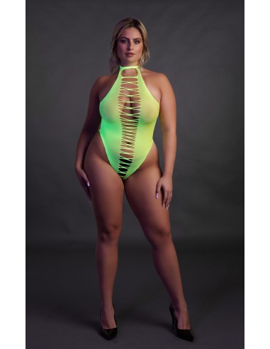 Body échancré ouvert à l'entrejambe avec dos nu Vert Fluo