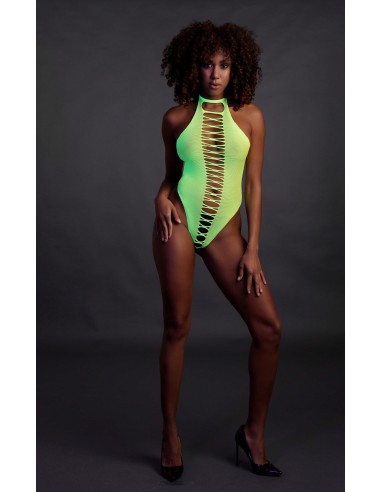 Body échancré ouvert à l'entrejambe avec dos nu Vert Fluo