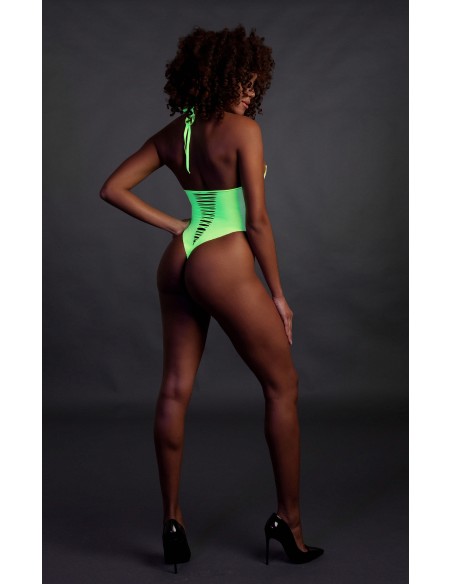 Body échancré ouvert à l'entrejambe avec dos nu Vert Fluo