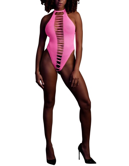 Body échancré ouvert à l'entrejambe avec dos nu Rose Fluo