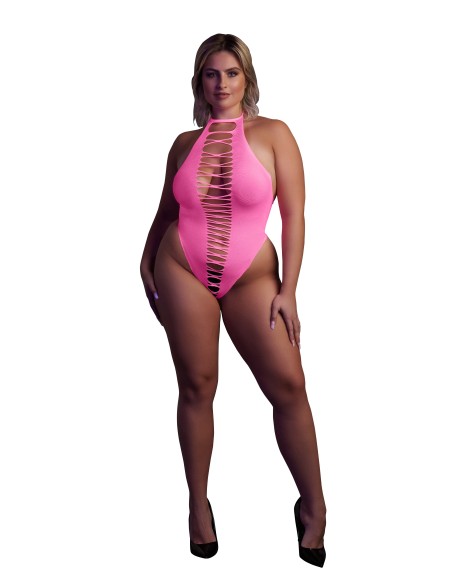 Body échancré ouvert à l'entrejambe avec dos nu Rose Fluo