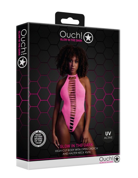 Body échancré ouvert à l'entrejambe avec dos nu Rose Fluo