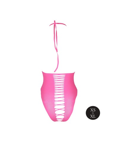 Body échancré ouvert à l'entrejambe avec dos nu Rose Fluo