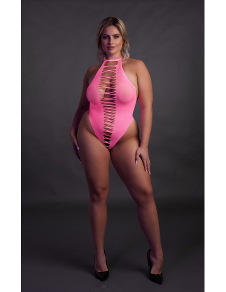 Body échancré ouvert à l'entrejambe avec dos nu Rose Fluo