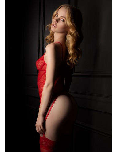 Ensemble avec porte-jarretelles Lace and Mesh Rouge